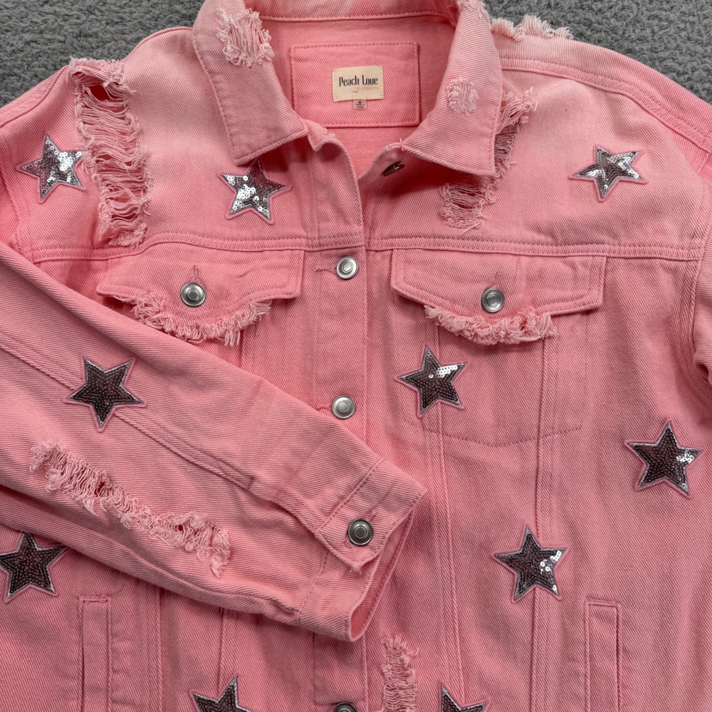 Peach Love California Pink Denim Jacket Sequin Star‎ Distressed Women Size S